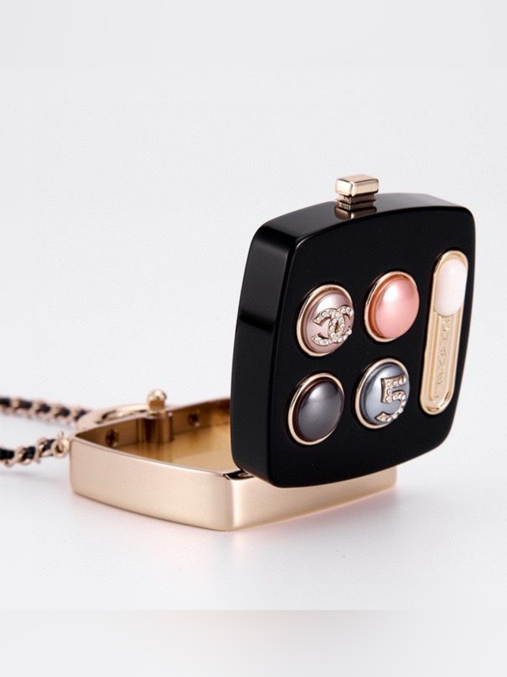 CHANEL Black Resin Charm Pendant with Pink and Gray Enamel Buttons